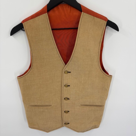 Mens Tan Linen Blend Button Down V Neck Sleeveless Vest 34R Orange Satin Back - Picture 5 of 16